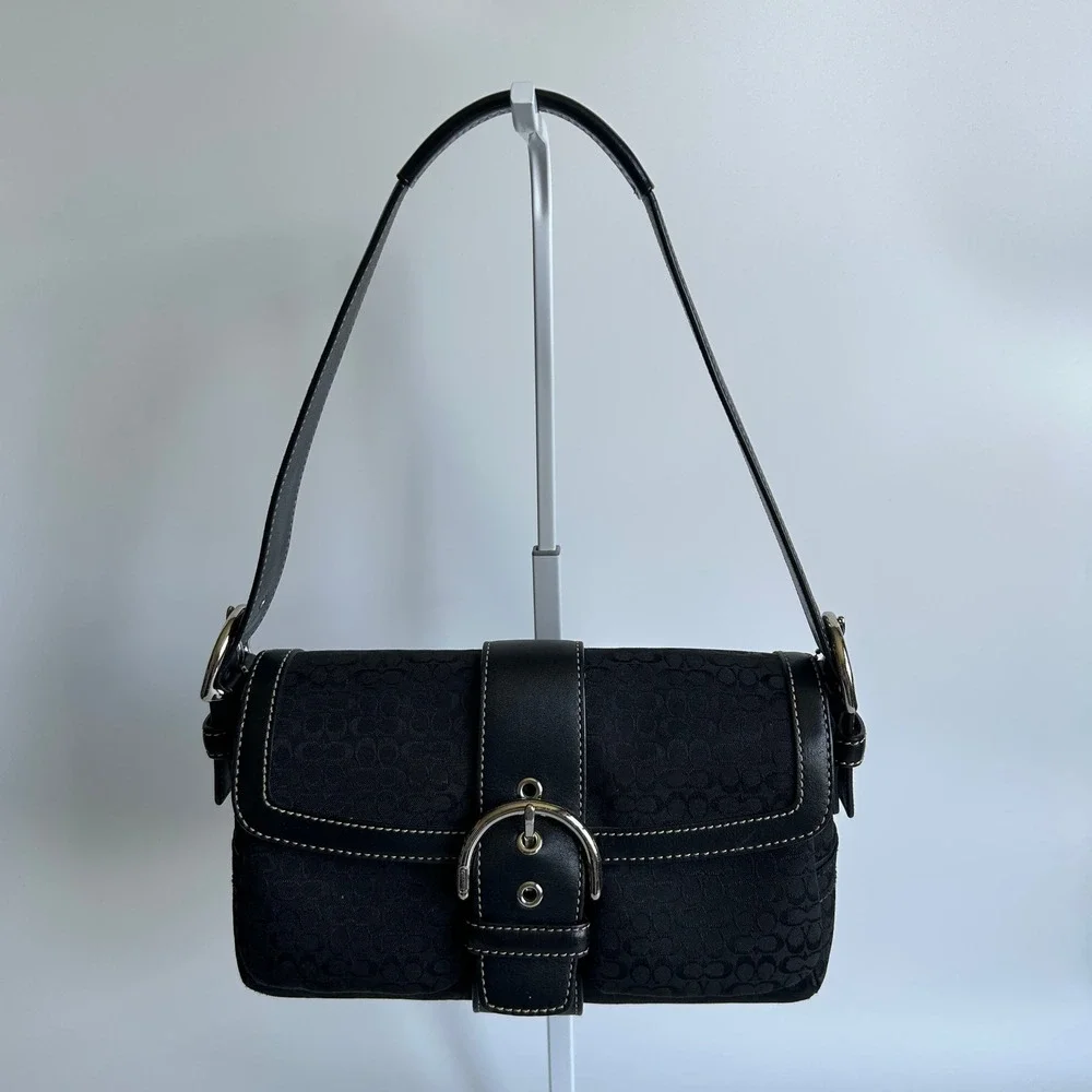 Coach Soho 1463 Black Signature Jacquard Leather Flap Shoulder Bag Excellent
